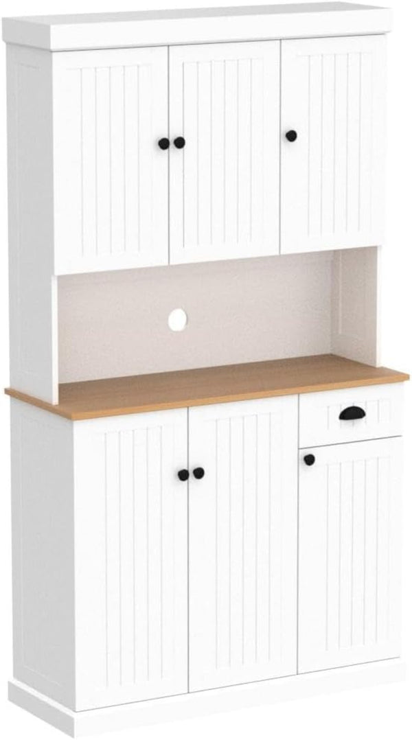 English Elm 71" Freestanding Pantry Hutch with Microwave Shelf Adjustable Storage and Six Doors W282132412