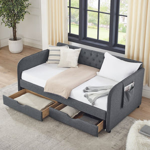 English Elm Twin Size Upholstered Daybed With Trundle & Storage Drawers – Stylish, Multi-Functional Seating Solution W1413S00025-GIGA