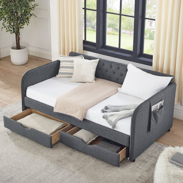 English Elm Twin Size Upholstered Daybed With Trundle & Storage Drawers – Stylish, Multi-Functional Seating Solution W1413S00025-GIGA
