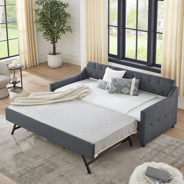 English Elm Twin Size Upholstered Daybed With Erectable Trundle & Usb Charger - Modern Gray Linen Design! W1413S00028-GIGA