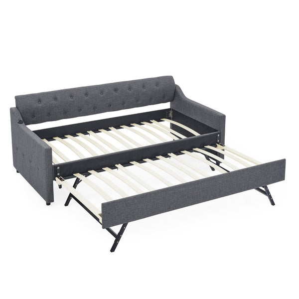 English Elm Twin Size Upholstered Daybed With Erectable Trundle & Usb Charger - Modern Gray Linen Design! W1413S00028-GIGA