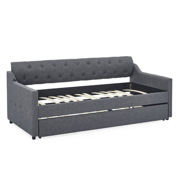 English Elm Twin Size Upholstered Daybed With Erectable Trundle & Usb Charger - Modern Gray Linen Design! W1413S00028-GIGA