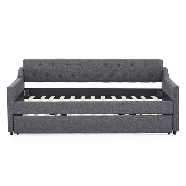 English Elm Twin Size Upholstered Daybed With Erectable Trundle & Usb Charger - Modern Gray Linen Design! W1413S00028-GIGA