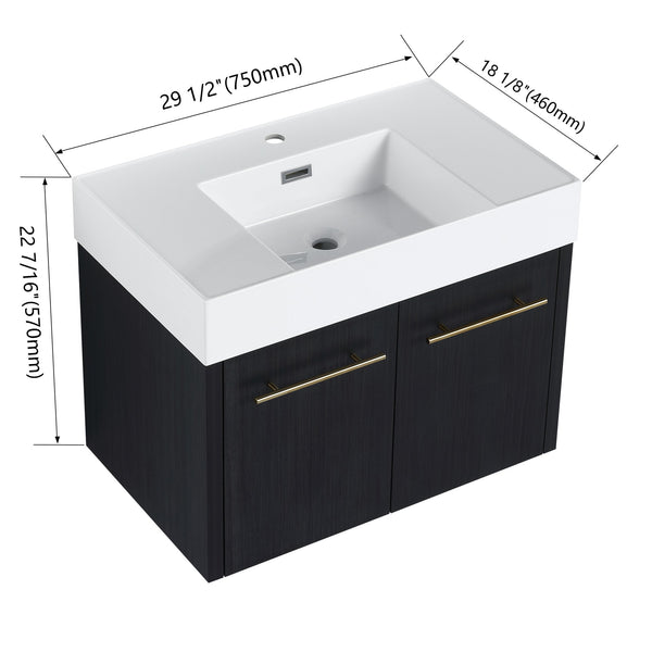 English Elm 30 Inch Wall-Mounted Bathroom Vanity With Thick Edged Resin Sink - Modern, Space-Saving Design! W999S00158
