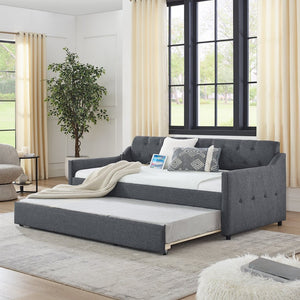 English Elm Spare Twin Linen Daybed with Trundle Usb Port Tufted Mid-century Modern Design W1413124456