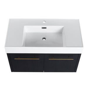 English Elm 36 Inch Wall-Mounted Bathroom Vanity Set With Thick Resin Sink, Storage Rack & Soft-Close Hinges W999S00369