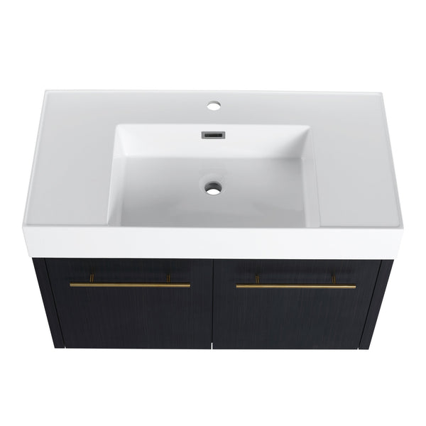 English Elm 36 Inch Wall-Mounted Bathroom Vanity Set With Thick Resin Sink, Storage Rack & Soft-Close Hinges W999S00369