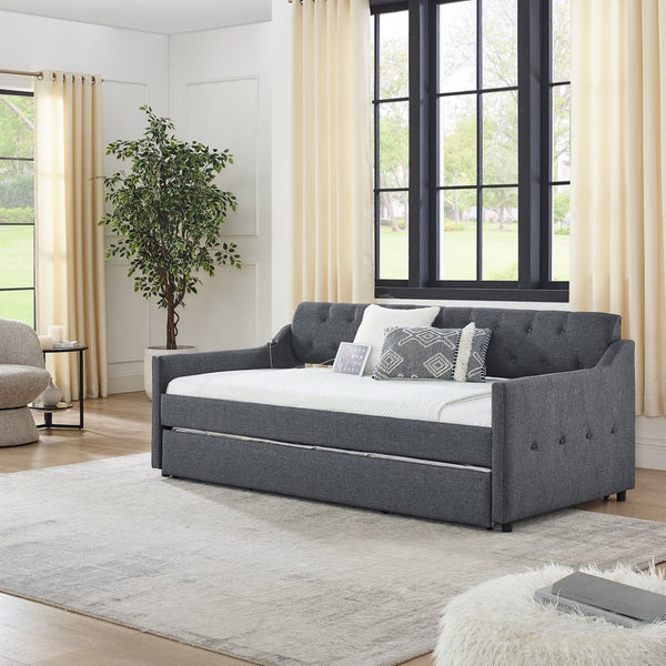 English Elm Twin Size Upholstered Daybed With Erectable Trundle & Usb Charger - Modern Gray Linen Design! W1413S00028-GIGA