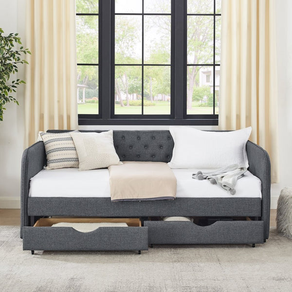 English Elm Twin Size Upholstered Daybed With Trundle & Storage Drawers – Stylish, Multi-Functional Seating Solution W1413S00025-GIGA