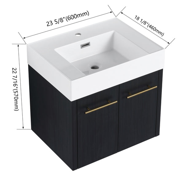 English Elm 24 Inch Wall-Mounted Bathroom Vanity With Thick Resin Sink, Soft-Close Doors & Space-Saving Design W999S00157