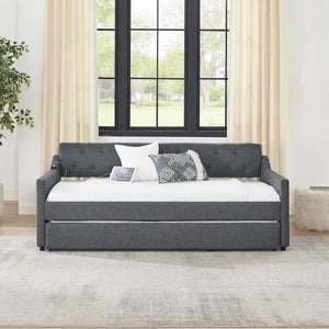 English Elm Twin Size Upholstered Daybed With Erectable Trundle & Usb Charger - Modern Gray Linen Design! W1413S00028-GIGA