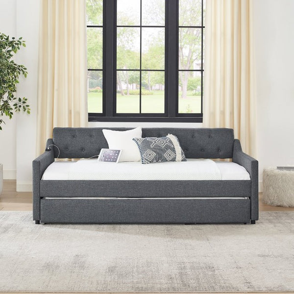 English Elm Twin Size Upholstered Daybed With Erectable Trundle & Usb Charger - Modern Gray Linen Design! W1413S00028-GIGA