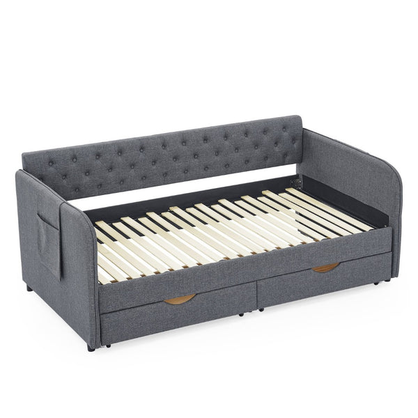 English Elm Twin Size Upholstered Daybed With Trundle & Storage Drawers – Stylish, Multi-Functional Seating Solution W1413S00025-GIGA