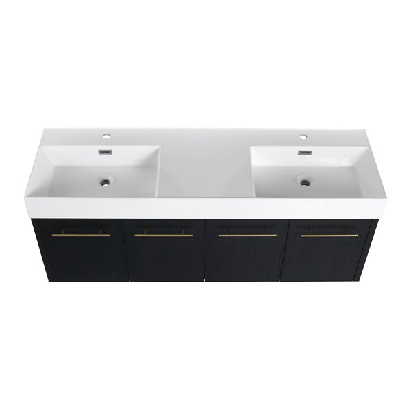 English Elm 60 Inch Wall-Mounted Bathroom Vanity With Double Resin Sink & Stylish Storage Rack, Easy Assembly W999S00372