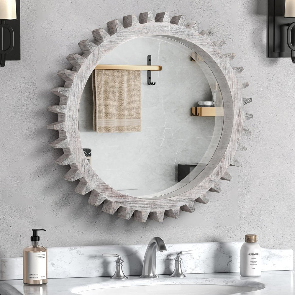 English Elm Vintage 34'' Round Gear-Shaped Mirror - Antique White-Washed Decor For Bath, Living Room & Entryway W1445P171995-GIGA
