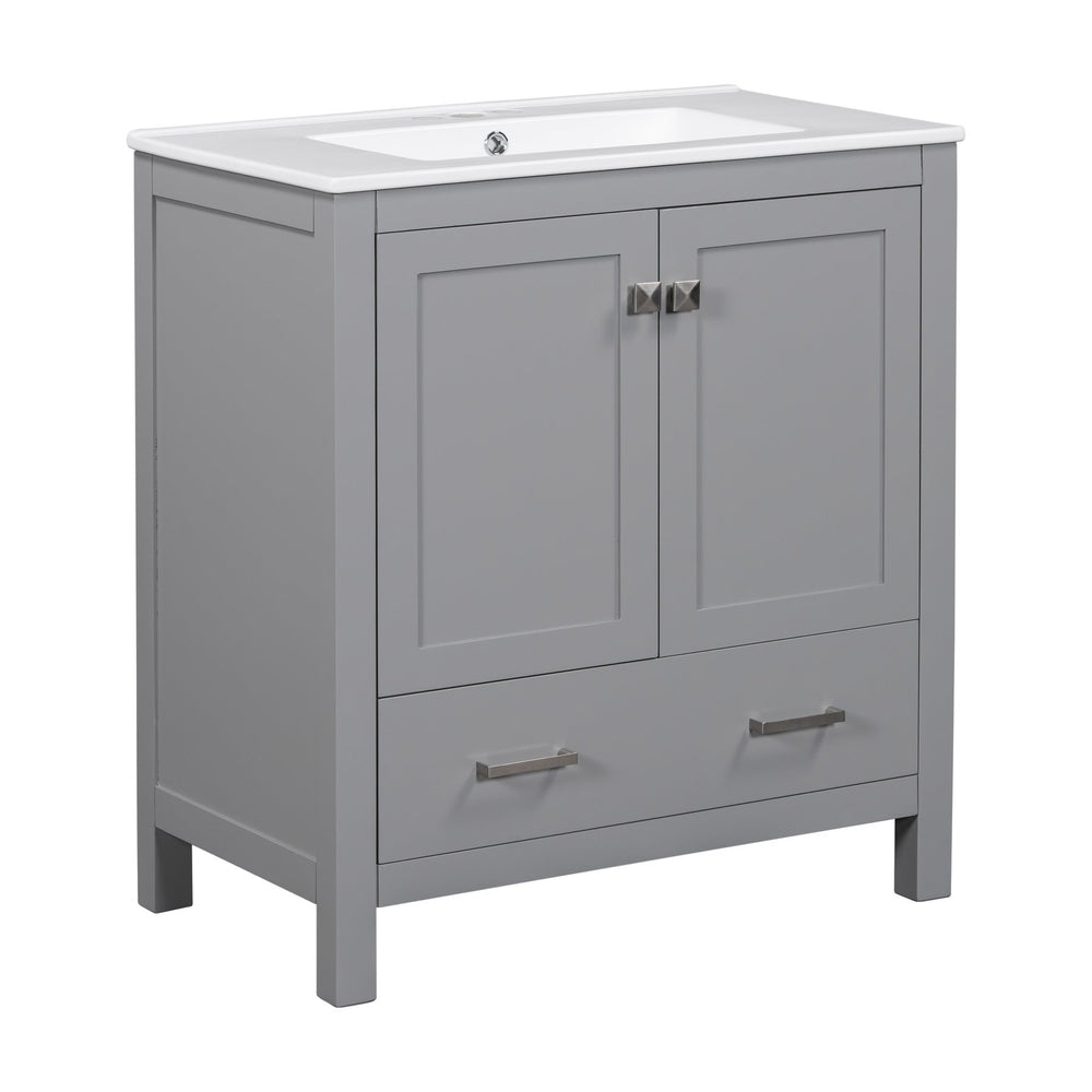 English Elm 60" Grey Bathroom Vanity Set with Double Sinks, Solid Wood, Soft-Close Doors, Divided Drawers & Storage Shelves for Spacious Modern Baths N729P000001E