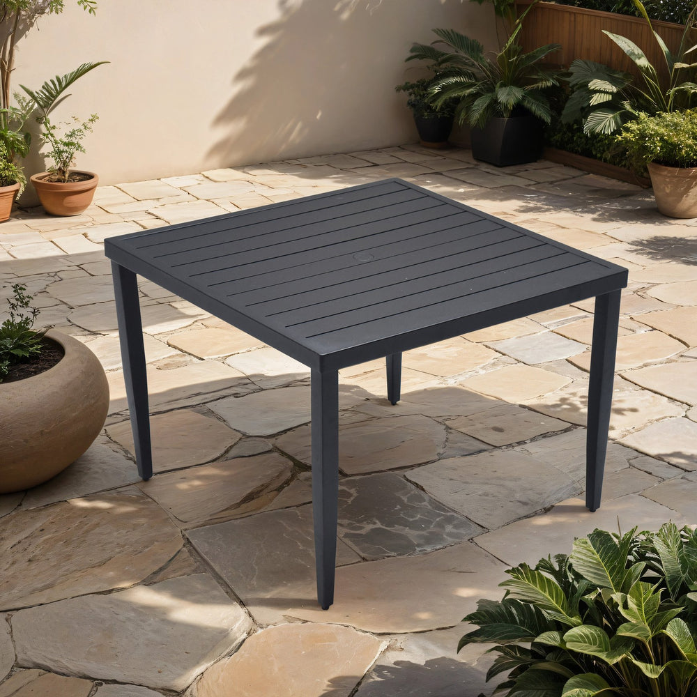 English Elm Outdoor Patio Aluminum 40"X40" Square Dining Table With Umbrella Hole & Adjustable Feet, Ember Black W1886P163131