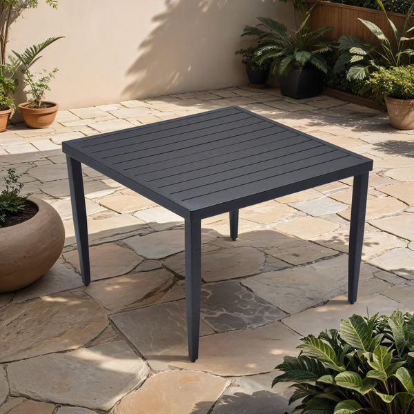 English Elm Outdoor Patio Aluminum 40"X40" Square Dining Table With Umbrella Hole & Adjustable Feet, Ember Black W1886P163131
