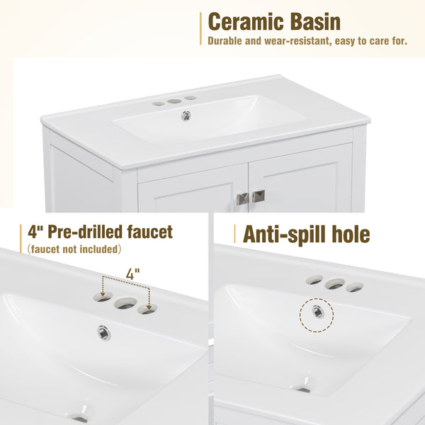English Elm 30" White Bathroom Vanity with Single Sink — Solid Wood Frame, Soft-Close Doors, Drawer Dividers, Spacious Storage WF324043AAK