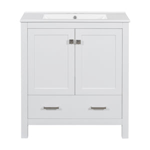 English Elm 30" White Bathroom Vanity with Single Sink — Solid Wood Frame, Soft-Close Doors, Drawer Dividers, Spacious Storage WF324043AAK