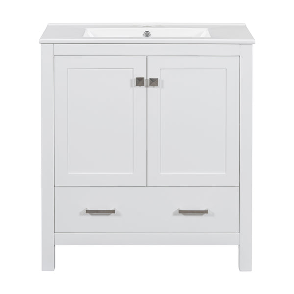 English Elm 30" White Bathroom Vanity with Single Sink — Solid Wood Frame, Soft-Close Doors, Drawer Dividers, Spacious Storage WF324043AAK