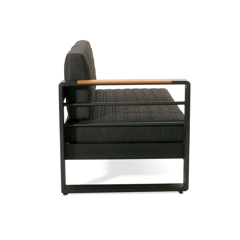 English Elm Christopher Knight Home® - Giovanna Black Left-Arm Loveseat with Teak-Tone Armrest, Quilted Grey Cushions & Rustproof Aluminum Frame WF532454BLK