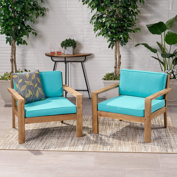 English Elm Christopher Knight Home® - Outdoor Acacia Wood Club Chairs Set of 2 with Wire-Brushed Finish, Teal Water-Resistant Cushions, Slat Paneling 63663.00BRNF-L-2_63663.00TS-2