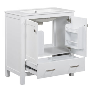 English Elm 30" White Bathroom Vanity with Single Sink — Solid Wood Frame, Soft-Close Doors, Drawer Dividers, Spacious Storage WF324043AAK