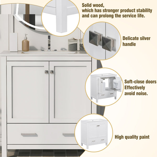English Elm 30" White Bathroom Vanity with Single Sink — Solid Wood Frame, Soft-Close Doors, Drawer Dividers, Spacious Storage WF324043AAK