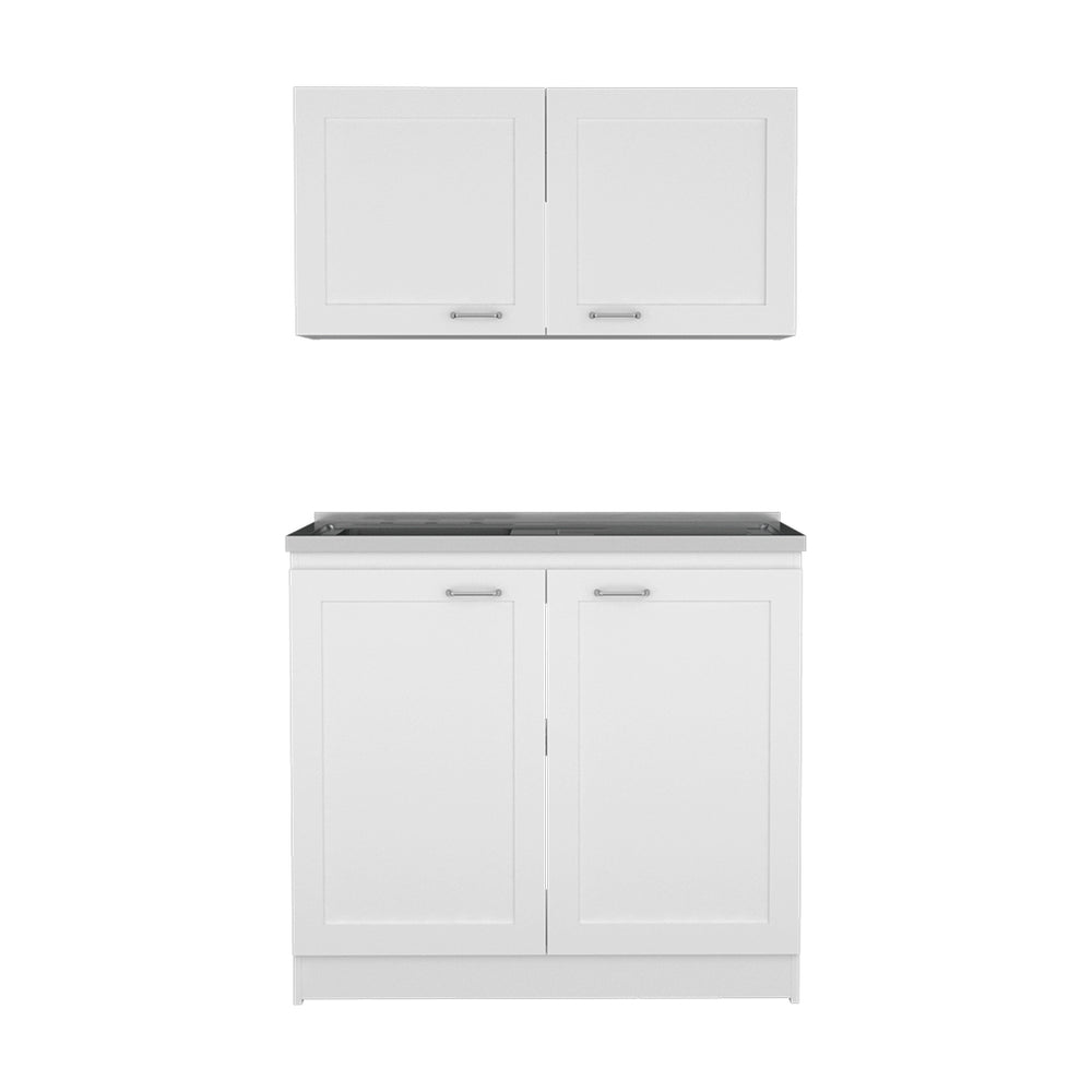 English Elm Zurich Two-Shelf Cabinet Set with Stainless Steel Sink and Faucet Hole, Durable Particleboard Construction White 42.1 L x 23.2 W x 7.1 H B200S00190