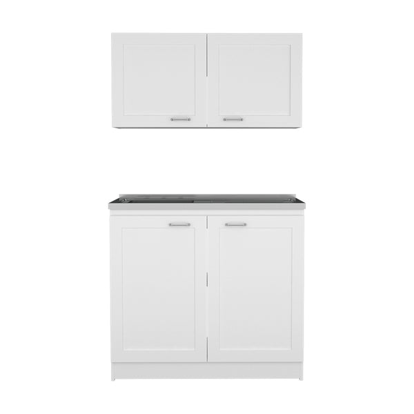 English Elm Zurich Two-Shelf Cabinet Set with Stainless Steel Sink and Faucet Hole, Durable Particleboard Construction White 42.1 L x 23.2 W x 7.1 H B200S00190