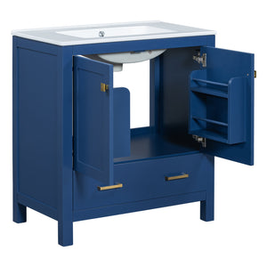 English Elm 30" Blue Bathroom Vanity - Solid Wood 30"W Transitional Undermount Sink Cabinet with Soft-Close Doors, Drawer Storage, Waterproof Finish WF324043AAC