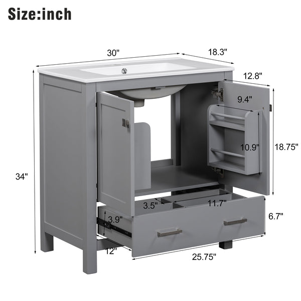 English Elm 30" Gray Bathroom Vanity with Undermount Sink, Solid Wood Frame, Soft-Closing Doors & Drawer Organizer, Spacious Storage, Transitional Design WF324043AAE