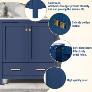 English Elm 60" Blue Double Vanity with Ceramic Sinks, Solid Wood Frame, Divided Drawers & Soft-Close Doors N729P000001C