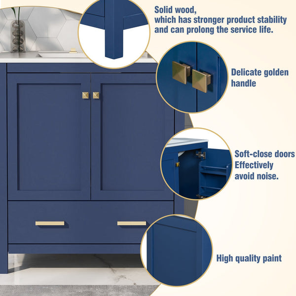 English Elm 60" Blue Double Vanity with Ceramic Sinks, Solid Wood Frame, Divided Drawers & Soft-Close Doors N729P000001C