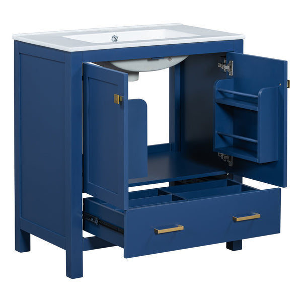 English Elm 30" Blue Bathroom Vanity - Solid Wood 30"W Transitional Undermount Sink Cabinet with Soft-Close Doors, Drawer Storage, Waterproof Finish WF324043AAC