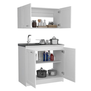 English Elm Zurich Two-Shelf Cabinet Set with Stainless Steel Sink and Faucet Hole, Durable Particleboard Construction White 42.1 L x 23.2 W x 7.1 H B200S00190