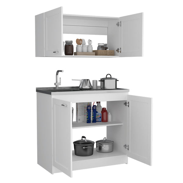 English Elm Zurich Two-Shelf Cabinet Set with Stainless Steel Sink and Faucet Hole, Durable Particleboard Construction White 42.1 L x 23.2 W x 7.1 H B200S00190