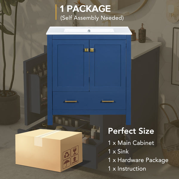 English Elm 30" Blue Bathroom Vanity - Solid Wood 30"W Transitional Undermount Sink Cabinet with Soft-Close Doors, Drawer Storage, Waterproof Finish WF324043AAC
