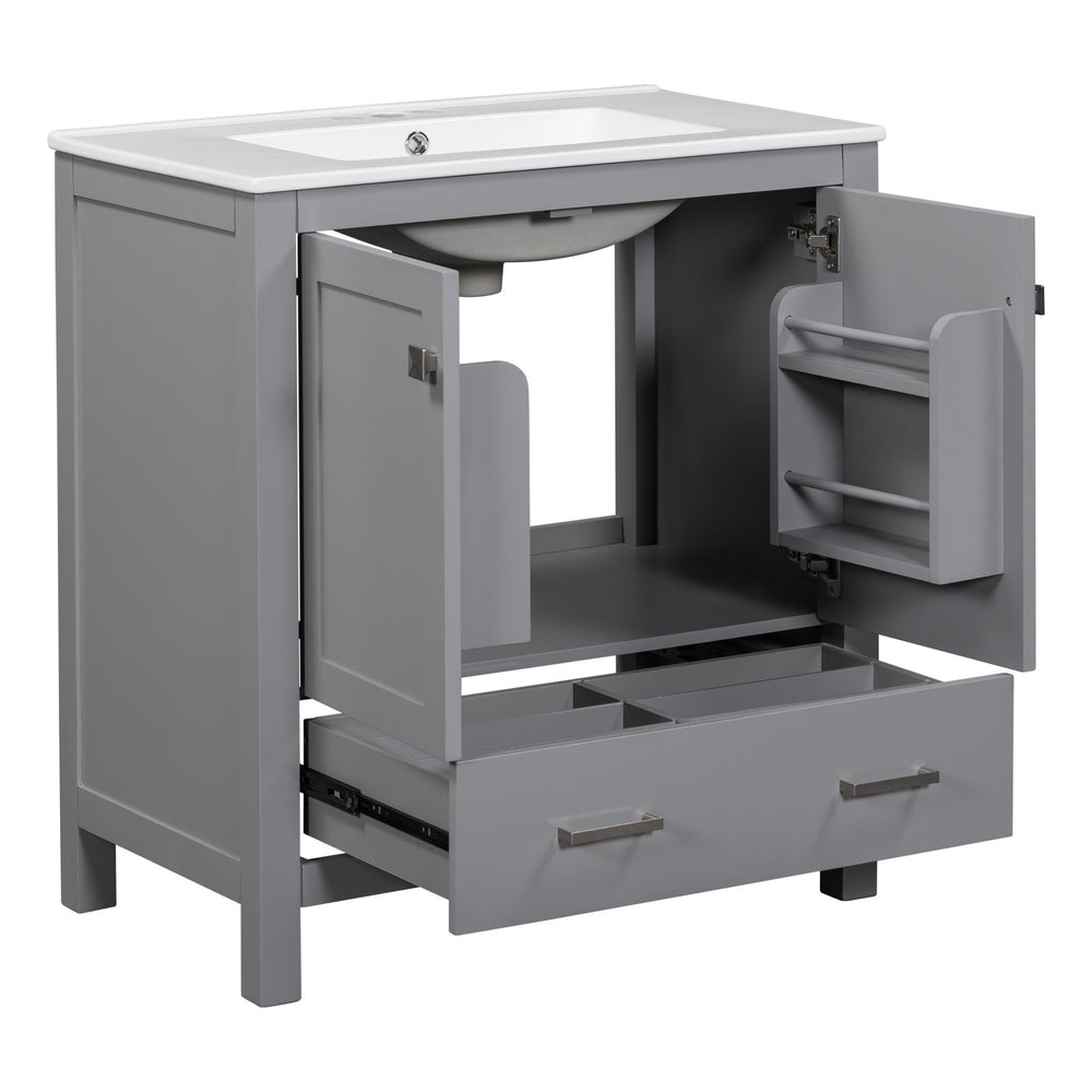 English Elm 60" Grey Bathroom Vanity Set with Double Sinks, Solid Wood, Soft-Close Doors, Divided Drawers & Storage Shelves for Spacious Modern Baths N729P000001E