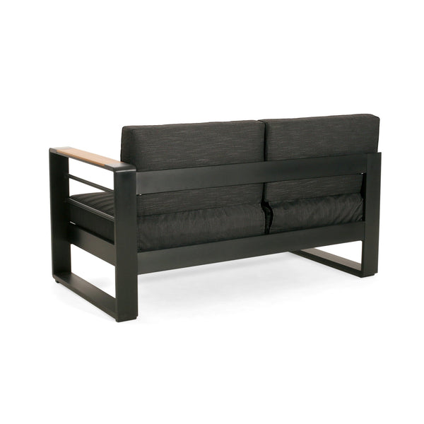 English Elm Christopher Knight Home® - Giovanna Black V-Shape Right-Arm Loveseat with Teak Accent, Quilted Grey Cushions, Weatherproof Aluminum WF532453BLK