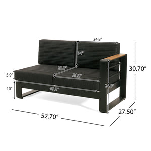 English Elm Christopher Knight Home® - Giovanna Black V-Shape Right-Arm Loveseat with Teak Accent, Quilted Grey Cushions, Weatherproof Aluminum WF532453BLK