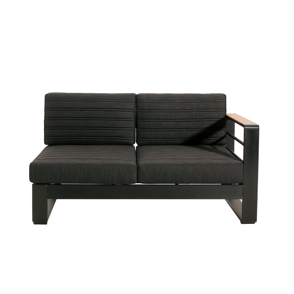English Elm Christopher Knight Home® - Giovanna Black V-Shape Right-Arm Loveseat with Teak Accent, Quilted Grey Cushions, Weatherproof Aluminum WF532453BLK