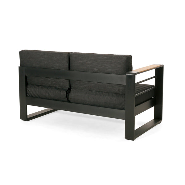 English Elm Christopher Knight Home® - Giovanna Black Left-Arm Loveseat with Teak-Tone Armrest, Quilted Grey Cushions & Rustproof Aluminum Frame WF532454BLK