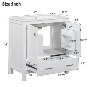 English Elm 30" White Bathroom Vanity with Single Sink — Solid Wood Frame, Soft-Close Doors, Drawer Dividers, Spacious Storage WF324043AAK