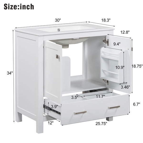 English Elm 30" White Bathroom Vanity with Single Sink — Solid Wood Frame, Soft-Close Doors, Drawer Dividers, Spacious Storage WF324043AAK