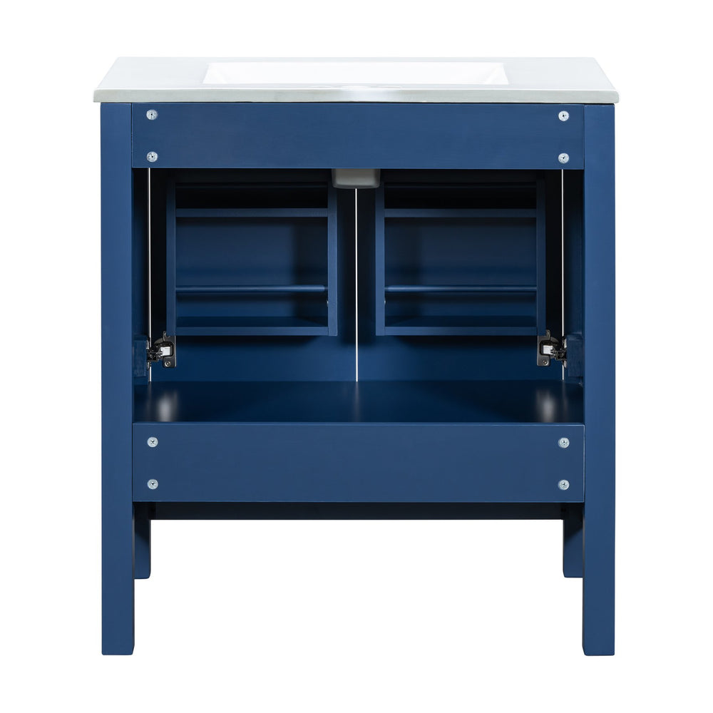 English Elm 60" Blue Double Vanity with Ceramic Sinks, Solid Wood Frame, Divided Drawers & Soft-Close Doors N729P000001C