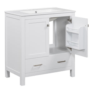 English Elm Modern 48 Inch Freestanding Bathroom Vanity Dual Ceramic Sinks Soft Close Gold Handles White N729P000001K