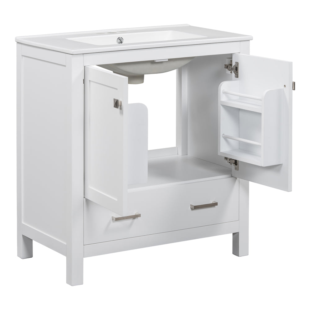 English Elm 30" White Bathroom Vanity with Single Sink — Solid Wood Frame, Soft-Close Doors, Drawer Dividers, Spacious Storage WF324043AAK
