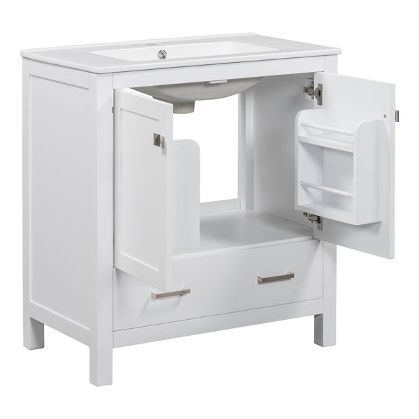 English Elm 30" White Bathroom Vanity with Single Sink — Solid Wood Frame, Soft-Close Doors, Drawer Dividers, Spacious Storage WF324043AAK